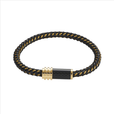 Stainless Steel IP Gold/Black Leather Cable Carbon Fibre Bracelet