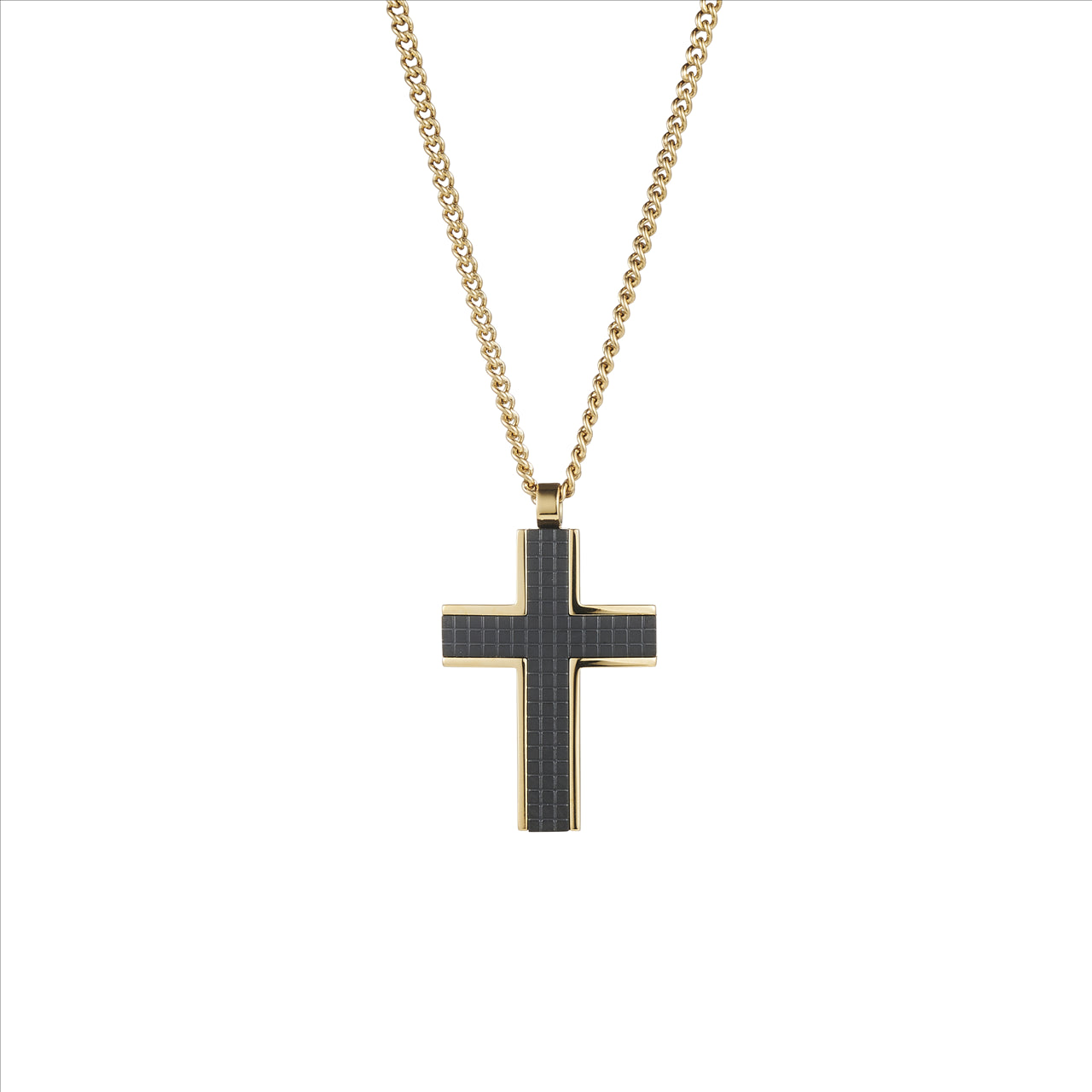 Ion Plated 14k Gold and Black Chequered Inlay on IP Gold Curbed Link Chain
