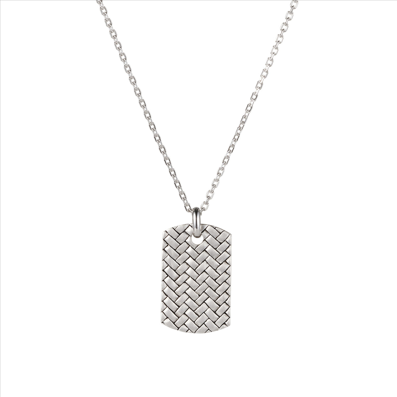 Sterling Silver Woven Pattern Rhodium Plated Dog Tag Pendant on Cable Chain