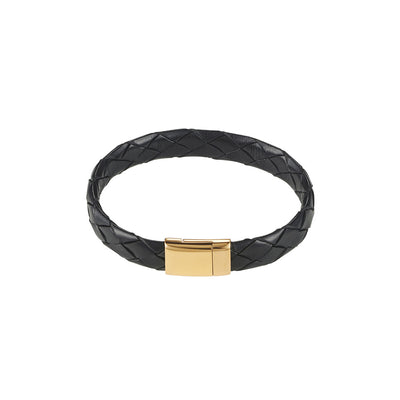 IP14k Gold Stainless Steel/Black Calf Leather Bracelet