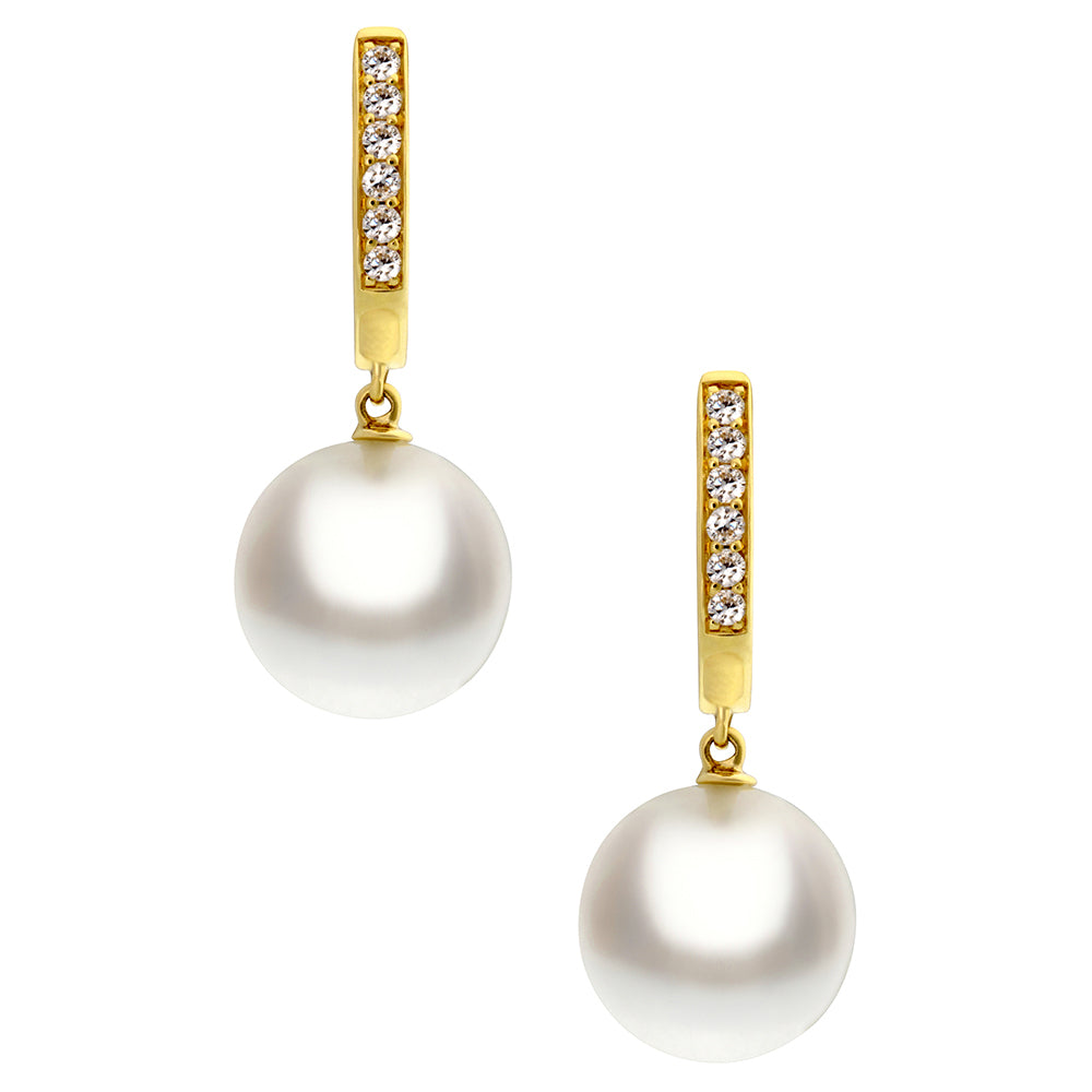 18k Yellow Gold 9mm Pearl & Diamond Huggie Earrings