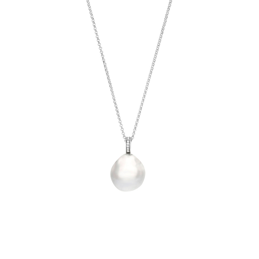 Sterling Silver 15mm Baroque Pearl & Diamond Pendant